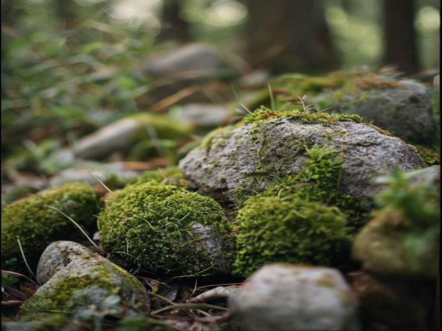 Nærbilde av mosekledte steiner og grønne planter på skogsbunnen